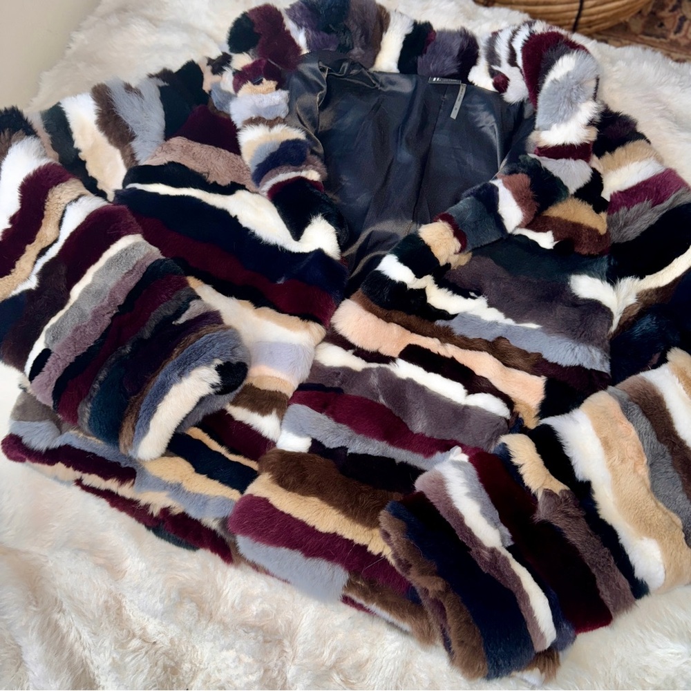 Love Token Multicolor Striped Rabbit Fur Jacket SMALL